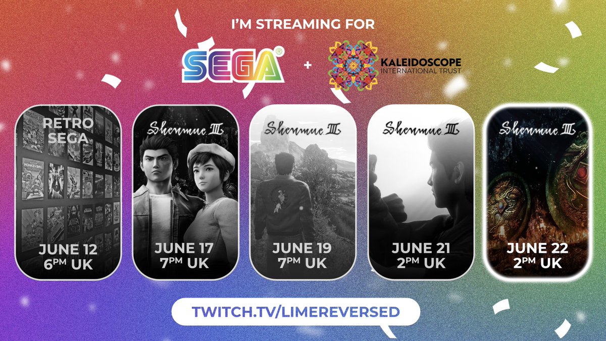 8 hours of #Shenmue3 starting in an hour! We continue my first time playthrough of #Shenmue 3 for charity! Will give away a steam key for Metaphor: ReFantazio! Spread the word! twitch.tv/limereversed

Happy #Pride! #SEGA #TogetherwithPride