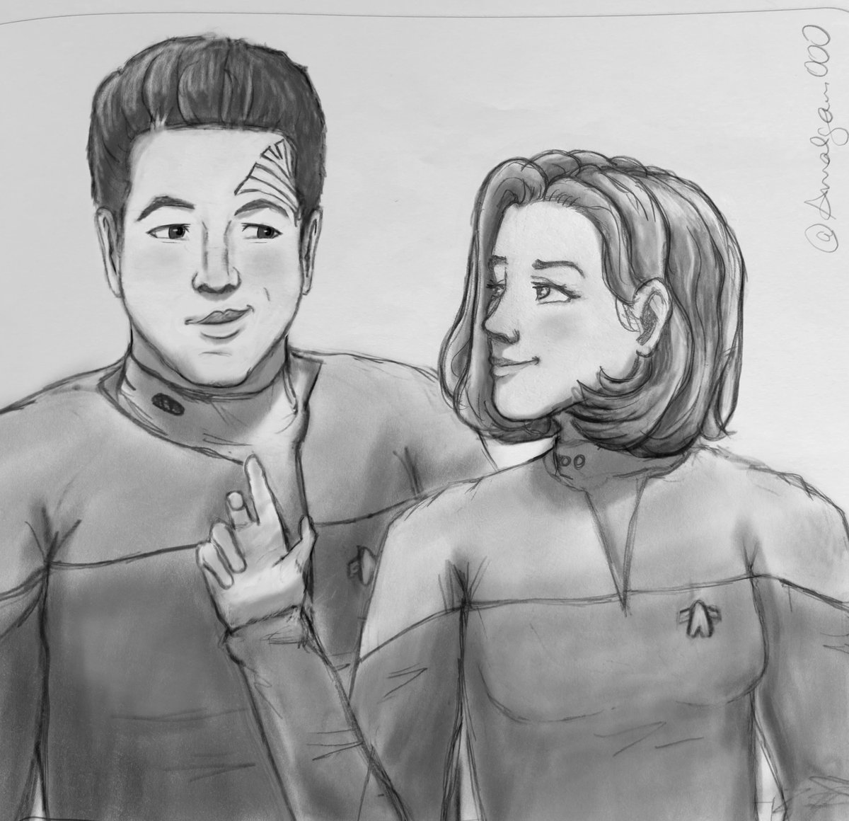 Sketchbook doodling... 🥰
Enjoy! 

#pencilsketch #Janewayxchakotay #StarTrekVoyager #Fanart #Janeway #Chakotay #StarTrek