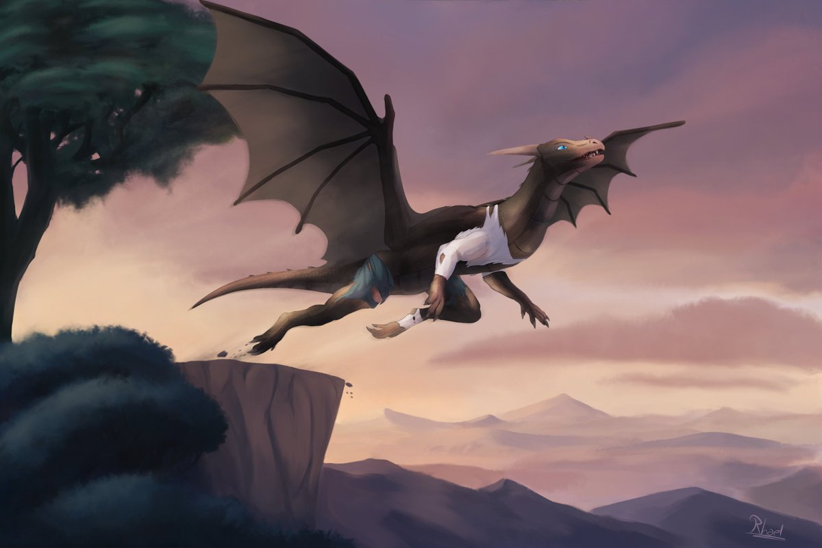 rhaeloth's tweet image. Feeling his body changing and the weight of his wings on his back, he&apos;s already confident to leap into the air and fly like the dragon he meant to be.
 
A gift for bluefire dragon