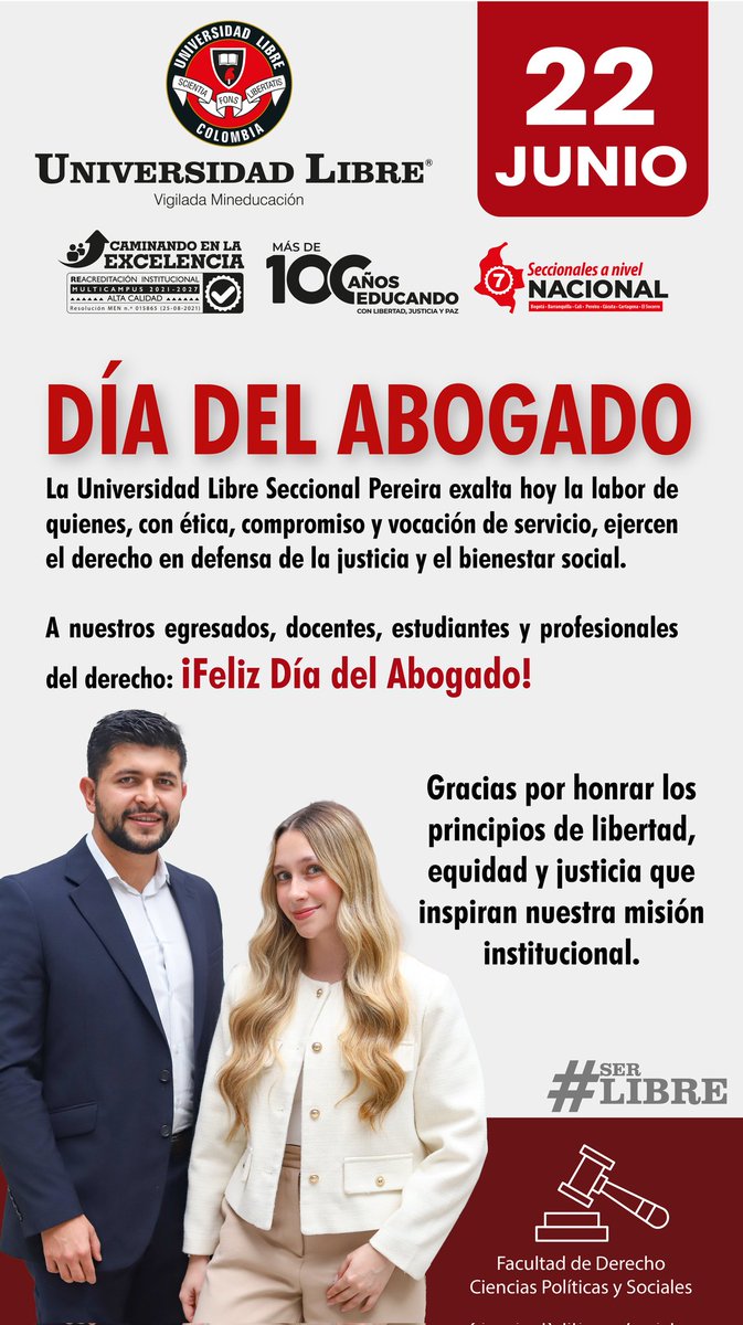 📚⚖️ Hoy celebramos el poder de la palabra y la justicia.
Desde la Universidad Libre Seccional Pereira, felicitamos a nuestros estudiantes, egresados, docentes y profesionales del Derecho. ¡Gracias por defender los principios que inspiran la construcción de un país más justo!