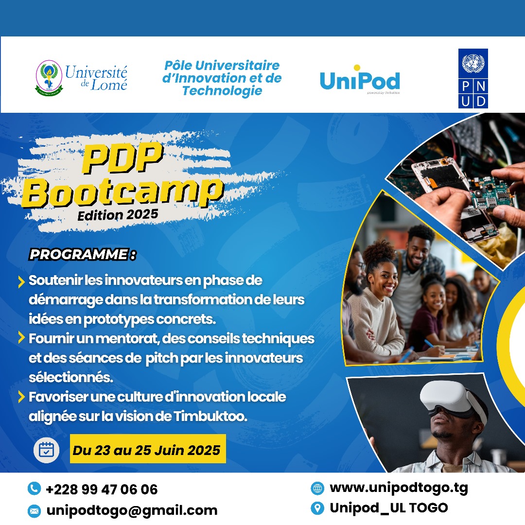 🎯 PDP Bootcamp 2025 – L’innovation commence ici !

🚀 Du 23 au 25 juin, le Pôle Universitaire d’Innovation et de Technologie (UniPod) de l’Université de Lomé, en partenariat avec le PNUD, accueille 19 projets innovants pour un bootcamp d’exception !