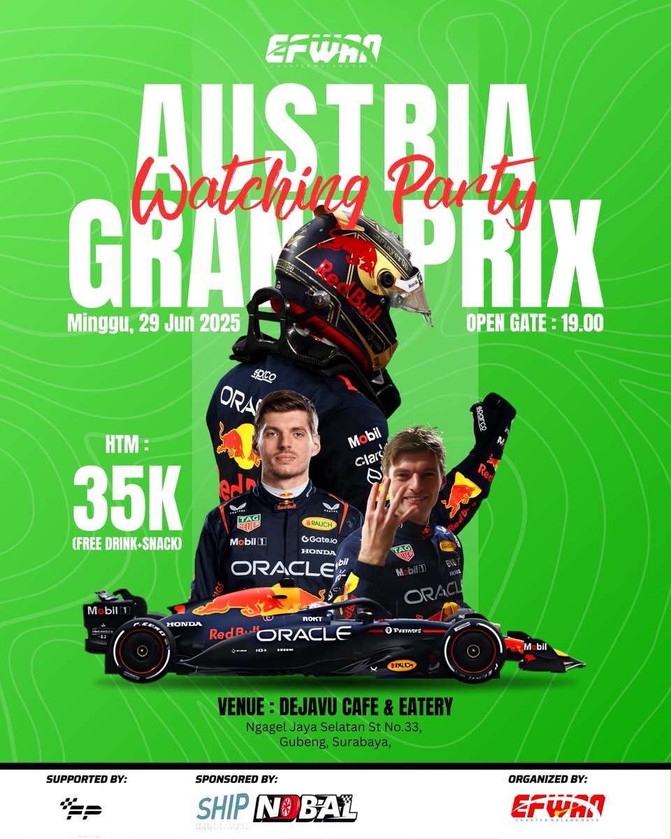 🔥 GRAND LAUNCHING SBY-SDA 🔥

Akhirnya we're comeback. apa kalian sudah siap untuk join NOBAL kali ini?

🚨 WATCHING PARTY – AUSTRIA GP
🗓️ Minggu, 29 JUNI '25
🕘 Open Gate: 19.00
📍 DEJAVU CAFE &amp; EATERY -- Ngagel Jaya Selatan St No.33, Surabaya.
💸 HTM? 35K (FREE DRINK+SNACK)