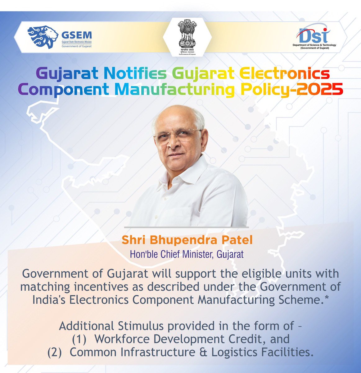 GSEM (@gsem_dst) on Twitter photo Big boost for #ElectronicsManufacturing! <a href="/dstGujarat/">Department of Science & Technology, Gujarat</a> notifies the Gujarat Electronics Component Manufacturing Policy-2025 to complement <a href="/GoI_MeitY/">Ministry of Electronics & IT</a>โs ECMS - strengthening Gujaratโs role in components & sub-assemblies production. True #AatmanirbharBharat via #AatmanirbharGujarat! Big boost for #ElectronicsManufacturing! <a href="/dstGujarat/">Department of Science & Technology, Gujarat</a> notifies the Gujarat Electronics Component Manufacturing Policy-2025 to complement <a href="/GoI_MeitY/">Ministry of Electronics & IT</a>โs ECMS - strengthening Gujaratโs role in components & sub-assemblies production. True #AatmanirbharBharat via #AatmanirbharGujarat!
