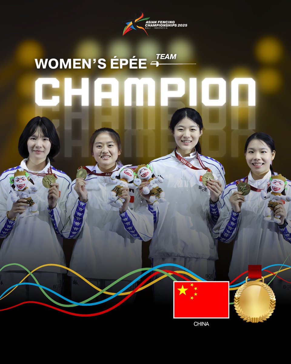 asianfencing's tweet photo. Team Women’s Épée closed the team competitions with precision on the piste 🤺💥

🥇 CHINA 🇨🇳
🥈 KOREA 🇰🇷
🥉 HONG KONG 🇭🇰
🥉 JAPAN 🇯🇵

Well done to all teams on a strong finish! 🙌🏻✨
#AsianFencing #AsianFencingChampionships #AsianFencingChampionships2025 #Fencing #Bali https://t.co/OYSHlvixdr