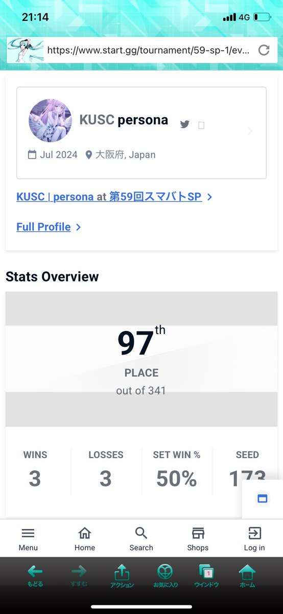 スマバト97位でした。シードで見たら悪くないんだけどそろそろ本戦いきたいね