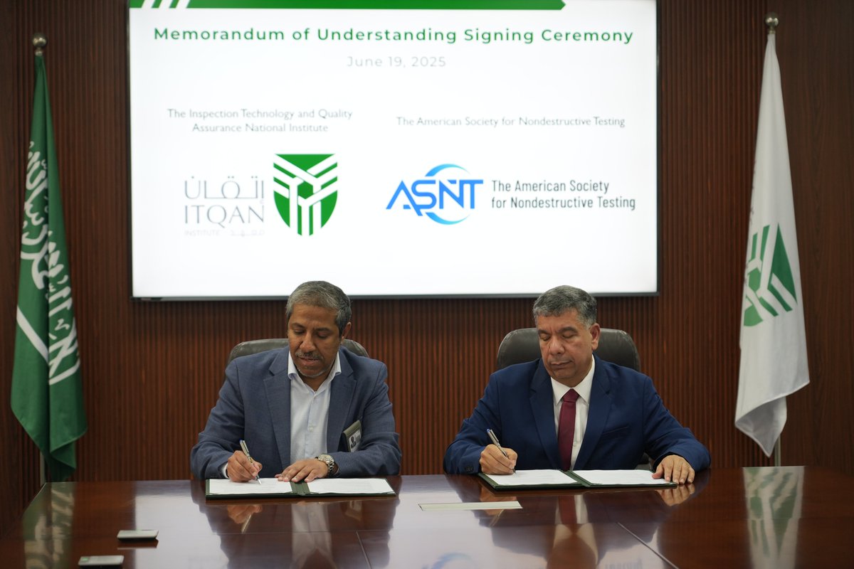 لتعزيز التعاون في مجالات التدريب والتأهيل المهني، وقّع سعادة المدير الإداري لمعهد إتقان لتقنية الفحص وضمان الجودة أ. طارق العامر مذكرة تفاهم مع الجمعية الأمريكية للاختبارات غير الإتلافية(ASNT) ، ممثلًا بالأستاذ محمد ابوفور، وذلك في مقر المعهد، وتهدف هذه الاتفاقية إلى اعتماد معهد
