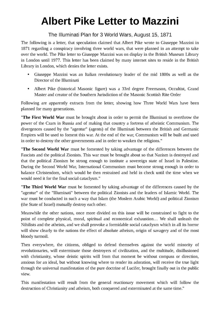 jessez's tweet photo. 🚨 3 World Wars - Albert Pike 🚨
Albert Pike Letter to Mazzini - The Illuminati Plan for 3 World Wars, August 15, 1871.
Also see: District of Columbia Organic Act of 1871 (enacted on February 4, 1871) 👀👀
#FourthTurning #PhoenixEvent @archaix138