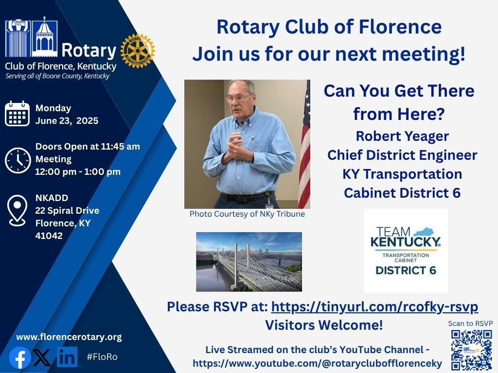 Florence Rotary (@florencerotary) on Twitter photo “No Pain, No Gain.” Why temporary traffic headaches will bring long-term benefits.
Join us June 23 for Bob Yeager’s insight at Rotary Club of Florence! 🚗🛠 RSVP: tinyurl.com/rcofky-rsvp
#InfrastructureMatters #KY536 #DrivingNKYProgress #FloRo
<a href="/SenatorSchickel/">John Schickel</a> “No Pain, No Gain.” Why temporary traffic headaches will bring long-term benefits.
Join us June 23 for Bob Yeager’s insight at Rotary Club of Florence! 🚗🛠 RSVP: tinyurl.com/rcofky-rsvp
#InfrastructureMatters #KY536 #DrivingNKYProgress #FloRo
<a href="/SenatorSchickel/">John Schickel</a>