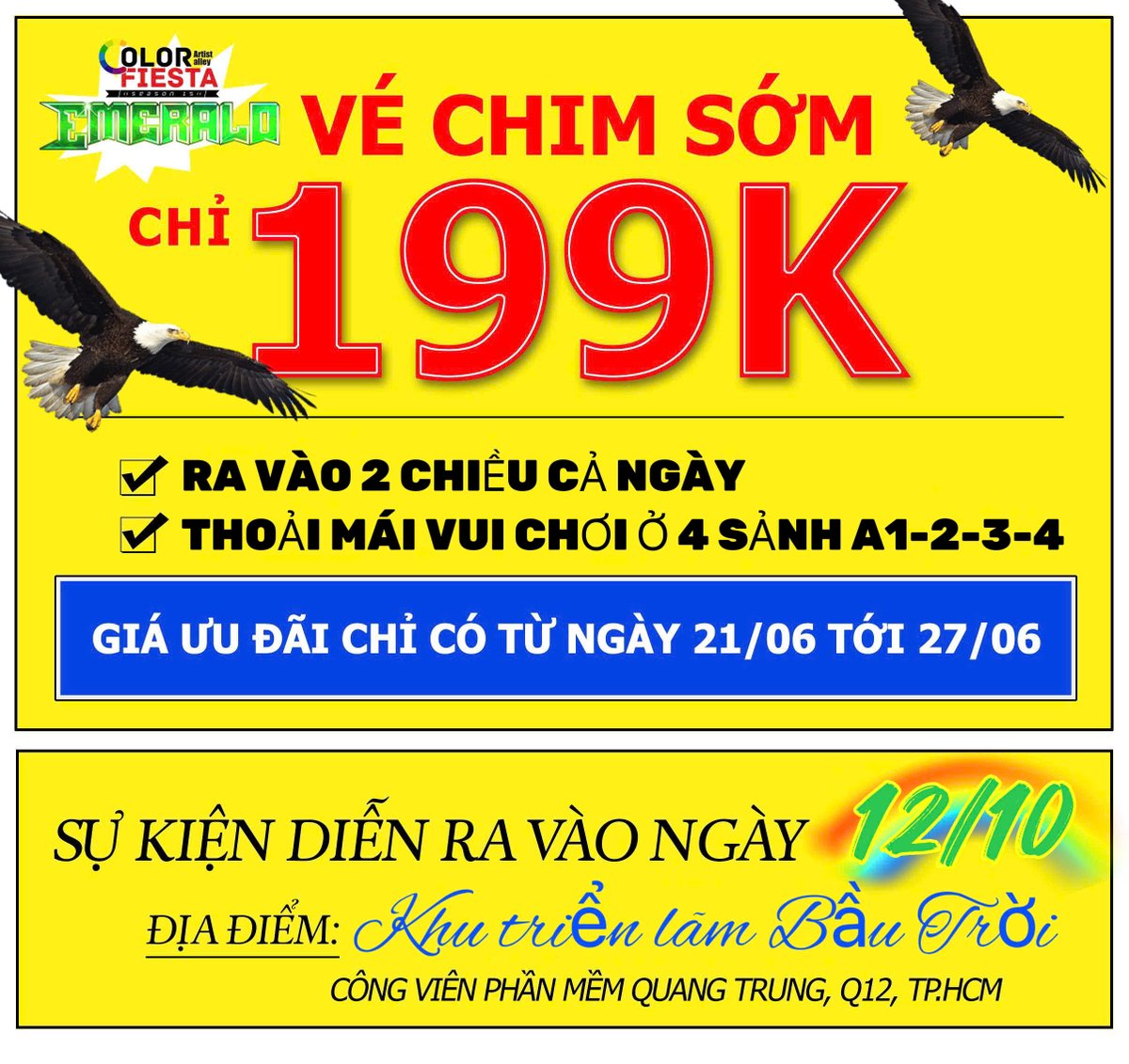 ColorFiestaVN's tweet image. 💚OPEN EARLY BIRD TICKET REGISTRATION
・Two-way access ticket
・Participate in all activities at the event
・PRICE: 199,000 VND
BOOKING LINK >> colorfiesta.vn/ticket
💎Need to create a CoFi website account to order.
💎Time to buy tickets online: 6/21/2025 - 6/27/2025
#cofiss15