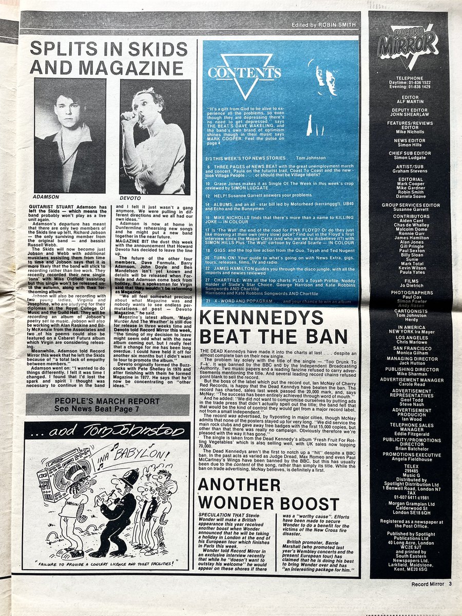 The Skids and Magazine splits.
Plus news on Elvis Costello, The Specials, Dead Kennedys, Madness, more.
Record Mirror, 6 June 1981.