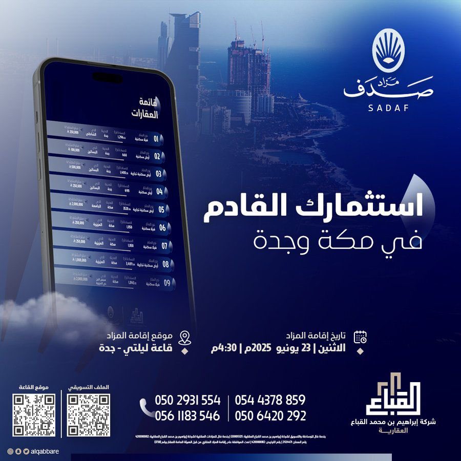 ـــ فرصتكم للمشاركة في #مزاد_صدف، والذي سيطرح به 9 عقارات نوعية بمجموع مساحات أكثر من 15,000 متر مربع، في #مكة و #جدة، بتنظيم من شركة إبراهيم بن محمد #القباع_العقارية (@alqabbare)

الملف التسويقي
drive.google.com/file/d/1d_ga8c…

ـــ للاستفسار 0561183546 | 0502931554