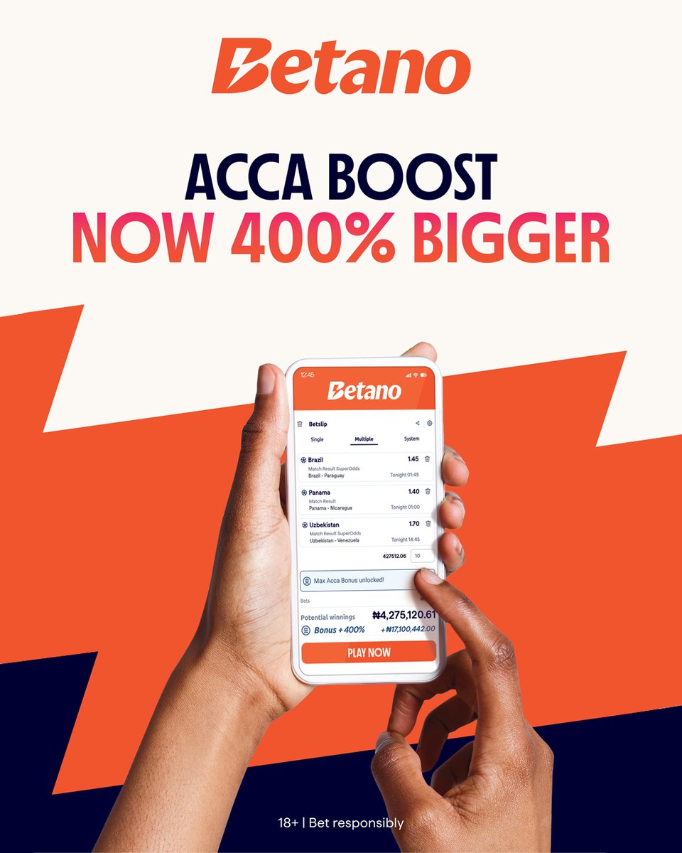 Betano_Nigeria's tweet photo. Bigger bets, bigger rewards. ๐ฅ With Betanoโs ACCA Boost, you can now boost your winnings by up to 400%. The more legs you add, the bigger the boost. #BetanoNigeria #ACCABoost #WinMore https://t.co/WoCWF9o4m1
