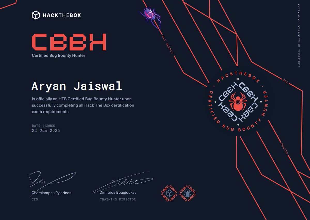Just passed the Certified Bug Bounty Hunter (CBBH) exam with a perfect 100/100 score! 🏆
Huge thanks to <a href="/hackthebox_eu/">Hack The Box</a>  for such an amazing learning experience!