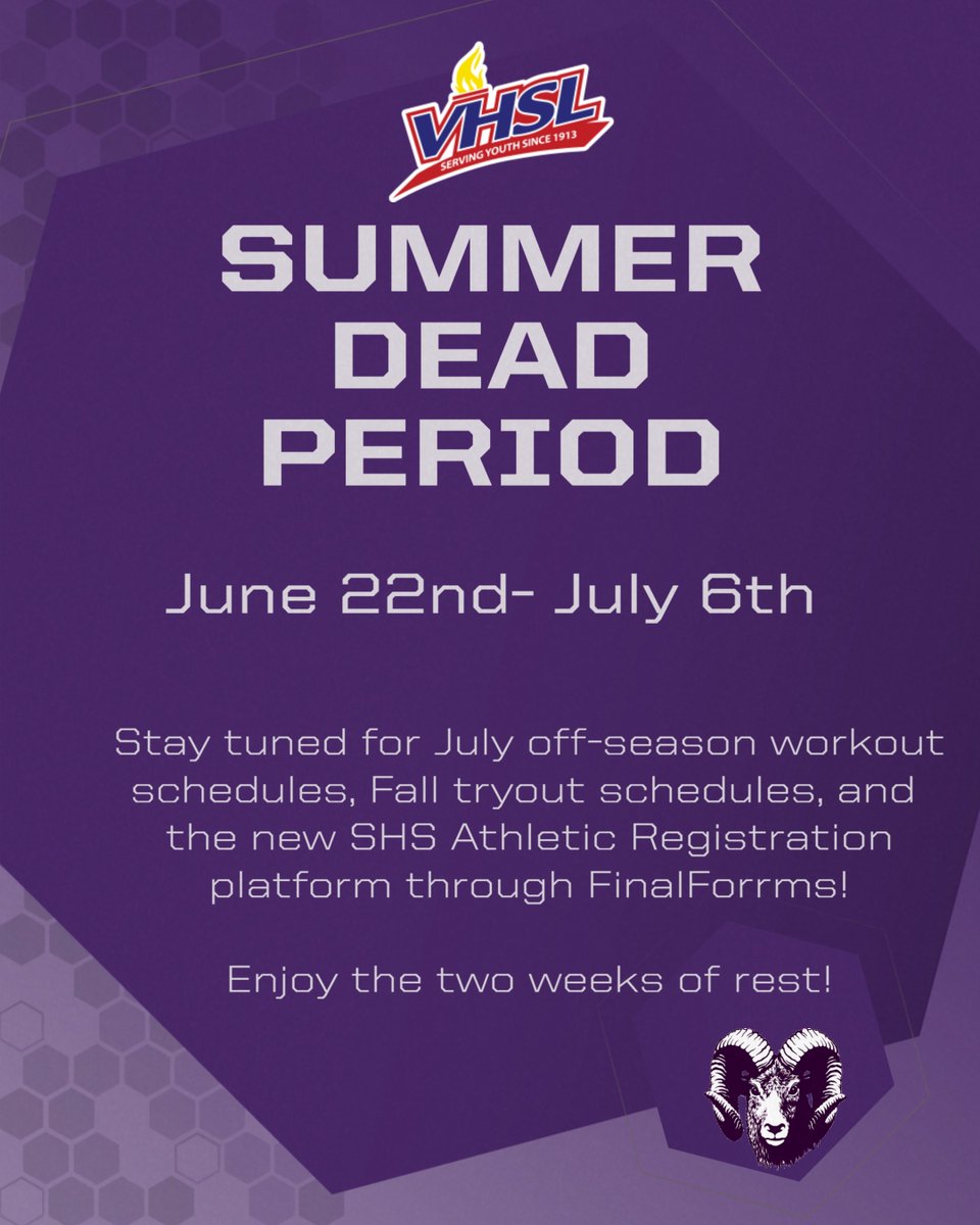 The VHSL Summer Dead Period begins today, June 22nd and runs through Sunday, July 6th

No practices, workouts, or team activities are permitted during this time.

A reminder once off-season workouts resume on July 7th, a VHSL physical date is good for 14 months from the date!