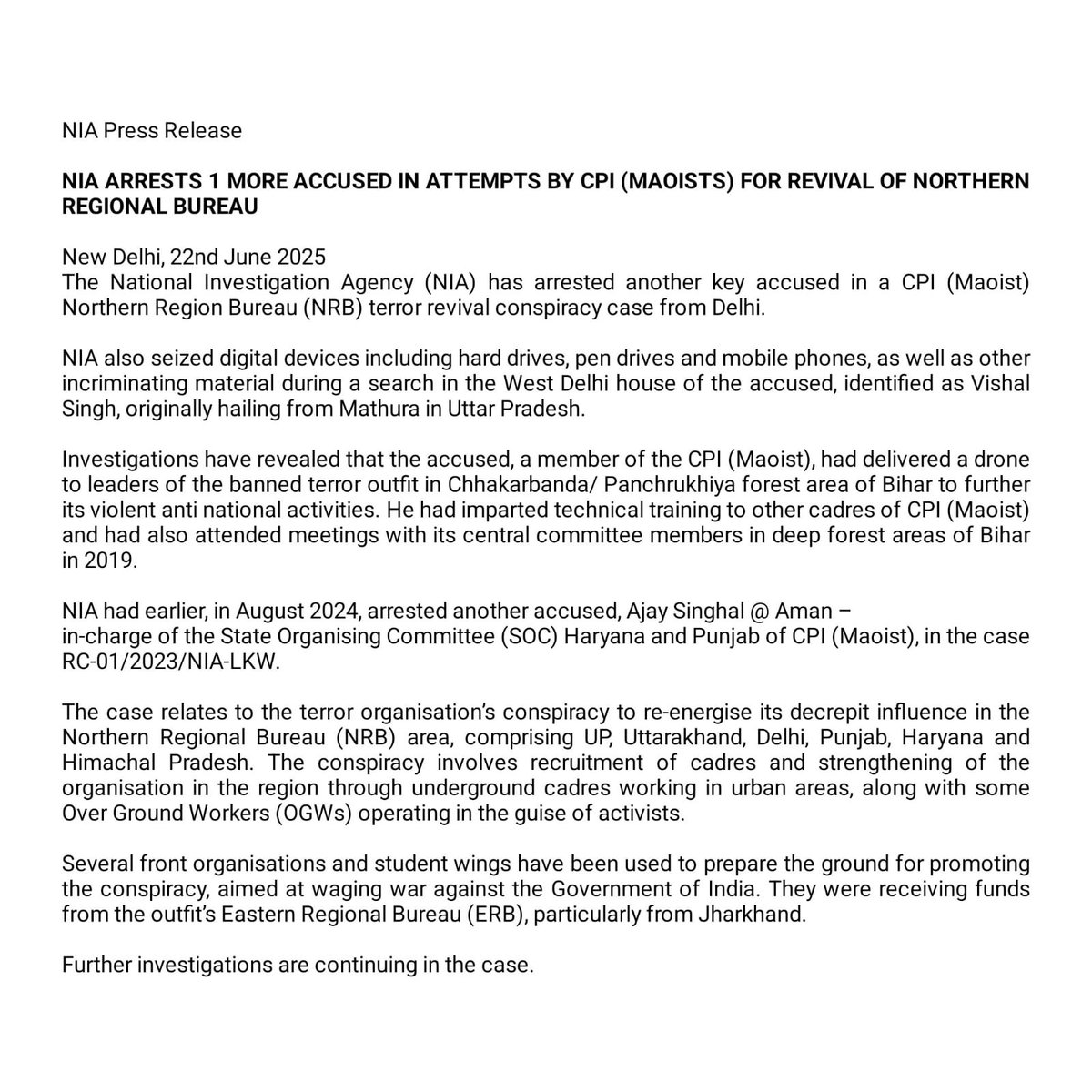 NIA_India's tweet image. NIA Arrests 1 more Accused by CPI (Maoist) for Revival of Northern Regional Bureau