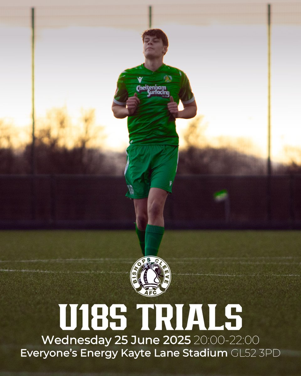 Bishops Cleeve FC (@bishopscleevefc) on Twitter photo π’ U18 Trials: Weds 25 June π’
Join the reigning County Cup Champions, train at top-class facilities, and follow the well trodden route to our semi-pro 1st team π₯
Contact facilities@bishopscleevefc.co.uk
βοΈ Full Name
βοΈ Age (16-18)
βοΈ Position
βοΈ Club played with last season π’ U18 Trials: Weds 25 June π’
Join the reigning County Cup Champions, train at top-class facilities, and follow the well trodden route to our semi-pro 1st team π₯
Contact facilities@bishopscleevefc.co.uk
βοΈ Full Name
βοΈ Age (16-18)
βοΈ Position
βοΈ Club played with last season