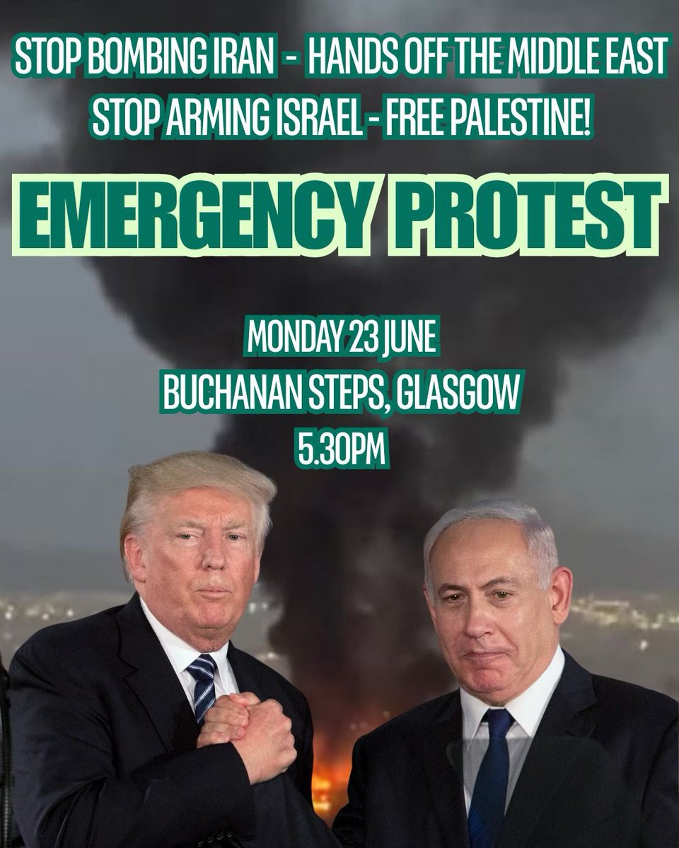 GlasgowStopWar's tweet photo. Join the Emergency demo

📅 Monday 23 June 2025
🕐 5.30pm
📍 Buchanan Steps

Share and spread the word! https://t.co/roq1PhoaJy