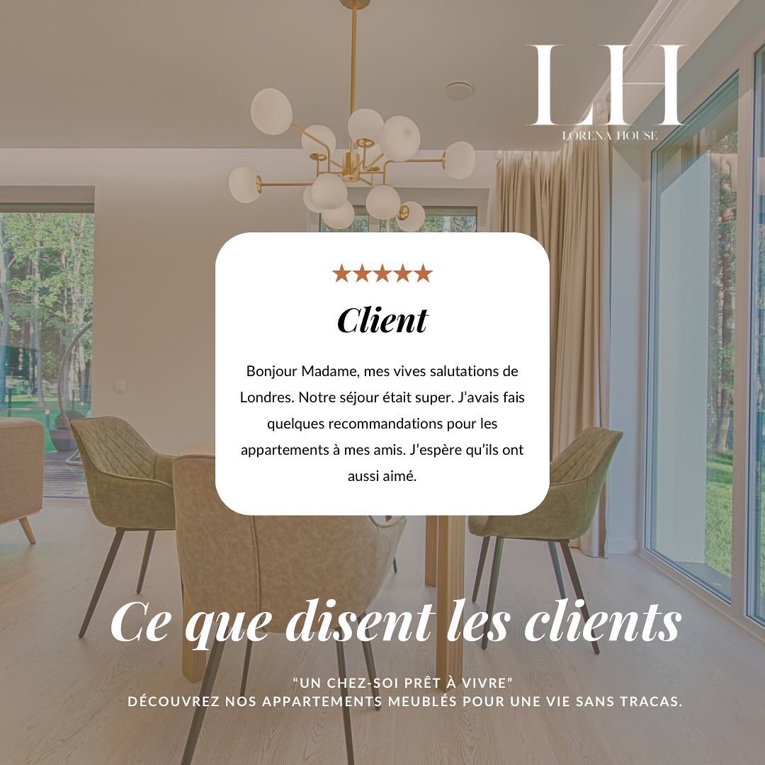 Respecter ses clients, c’est leur offrir du confort, de la propreté, du soin dans chaque détail. C’est leur offrir une vraie expérience, pas juste un toit.

Lorena House, appartements meublés où chaque détail est pensé pour votre confort et votre tranquillité.

📞 : 695 95 16 49
