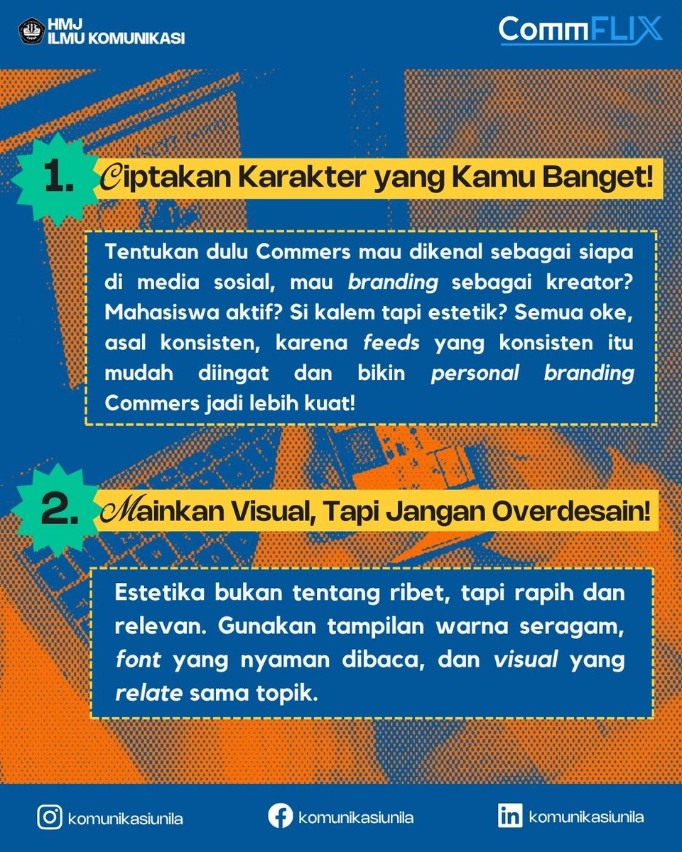 komunikasiunila's tweet image. Commers! Pernah kepikiran gak kenapa medsos orang bisa keliatan estetik dan nyambung? Ternyata, rahasianya simpel dan bisa diterapin juga! 3 tips kece ala anak Ilmu Komunikasi yang bikin akun Commers makin hidup.
Penasaran? Langsung swipe, ya~
#CommX #CommFLIXsolution #Communila