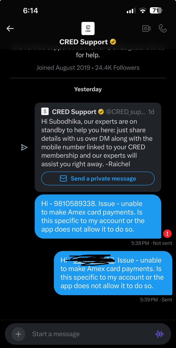 SubodhikaV's tweet photo. @CRED_support @CRED_club @AmericanExpress It seems like you a remt checking your private messages! #poorcustomerservice https://t.co/DCNkImsmuF