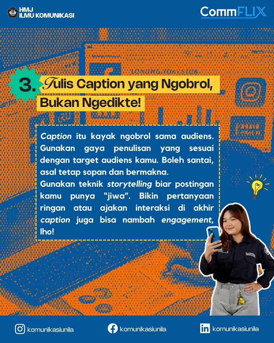 komunikasiunila's tweet image. Commers! Pernah kepikiran gak kenapa medsos orang bisa keliatan estetik dan nyambung? Ternyata, rahasianya simpel dan bisa diterapin juga! 3 tips kece ala anak Ilmu Komunikasi yang bikin akun Commers makin hidup.
Penasaran? Langsung swipe, ya~
#CommX #CommFLIXsolution #Communila