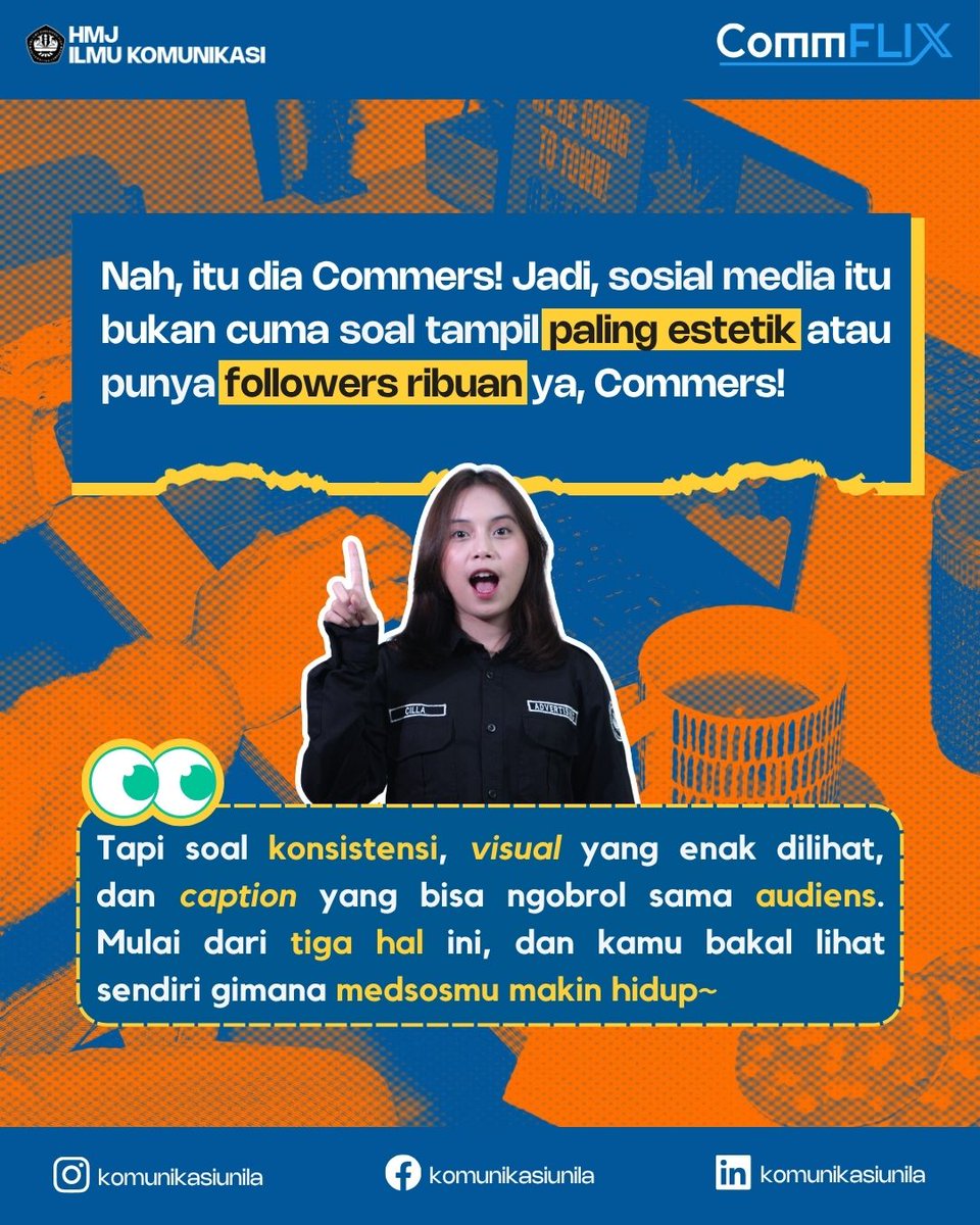 komunikasiunila's tweet image. Commers! Pernah kepikiran gak kenapa medsos orang bisa keliatan estetik dan nyambung? Ternyata, rahasianya simpel dan bisa diterapin juga! 3 tips kece ala anak Ilmu Komunikasi yang bikin akun Commers makin hidup.
Penasaran? Langsung swipe, ya~
#CommX #CommFLIXsolution #Communila
