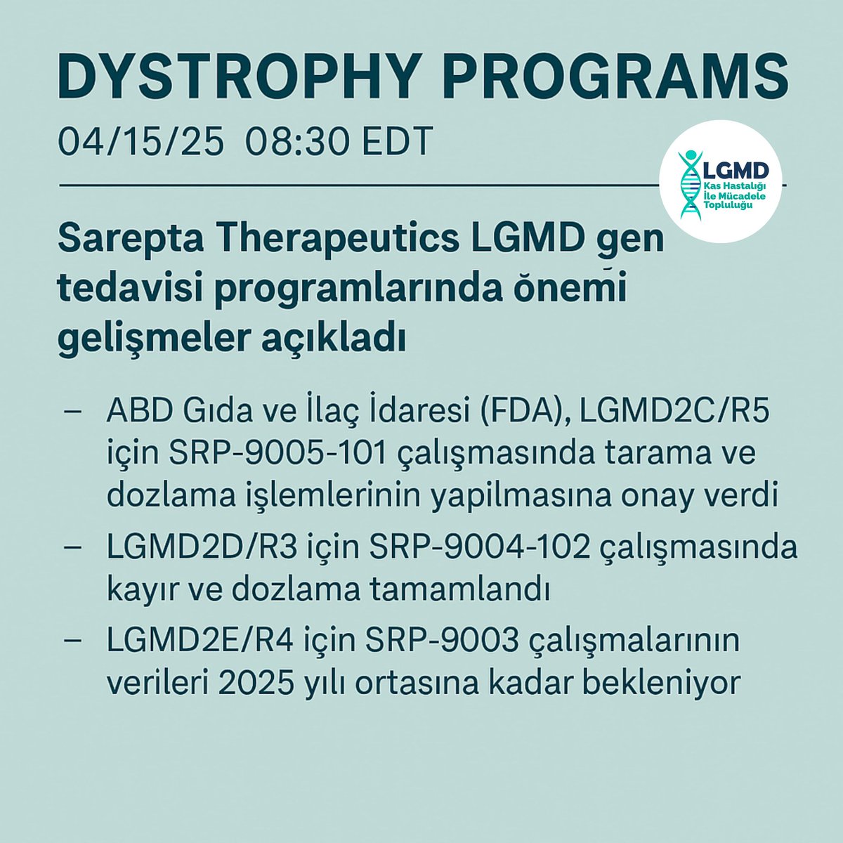 🧬
 🔹 SRP-9005 (LGMD2C/R5): FDA onaylı ilk insanlı çalışmaya başlandı.
🔹 SRP-9004 (LGMD2D/R3): Faz 1 hasta alımı ve dozlama tamamlandı.
🔹 SRP-9003 (LGMD2E/R4): Faz 3 tamamlandı, 2025’te veri + BLA başvurusu geliyor.

💪 Genetik umut büyüyor! #LGMD #Sarepta #GenTedavisi
#pazar