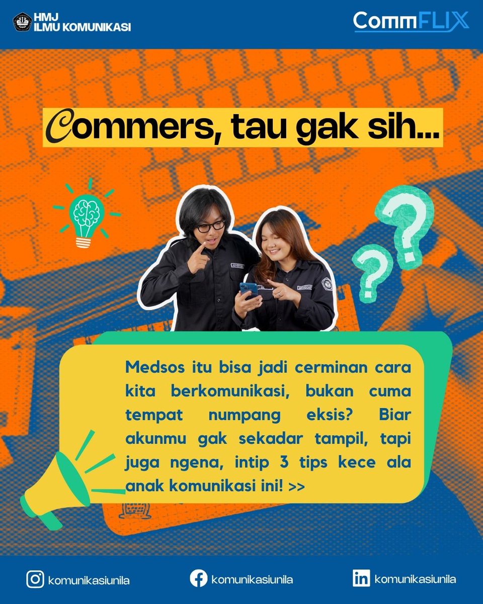 komunikasiunila's tweet image. Commers! Pernah kepikiran gak kenapa medsos orang bisa keliatan estetik dan nyambung? Ternyata, rahasianya simpel dan bisa diterapin juga! 3 tips kece ala anak Ilmu Komunikasi yang bikin akun Commers makin hidup.
Penasaran? Langsung swipe, ya~
#CommX #CommFLIXsolution #Communila