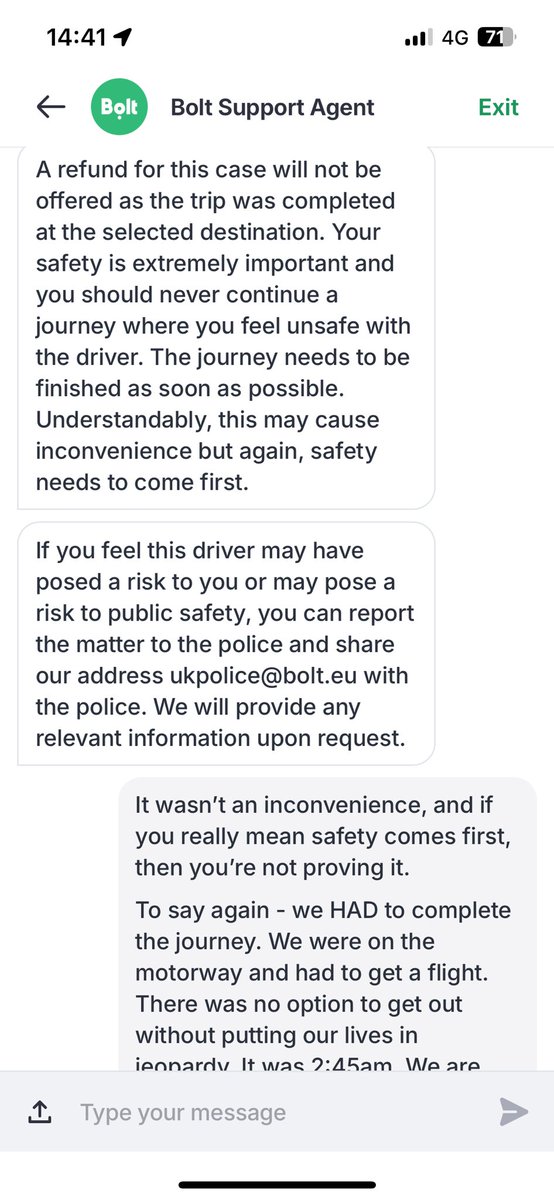 ettieloves's tweet photo. hey @TfL, @boltapp are refusing to give me a refund for a trip that put us in danger. we had to endure a journey of irresponsible and reckless driving in a broken car. i have tried to escalate internally but they are refusing, and showing no care for the law or customer safety. https://t.co/VVmHhiYCxM