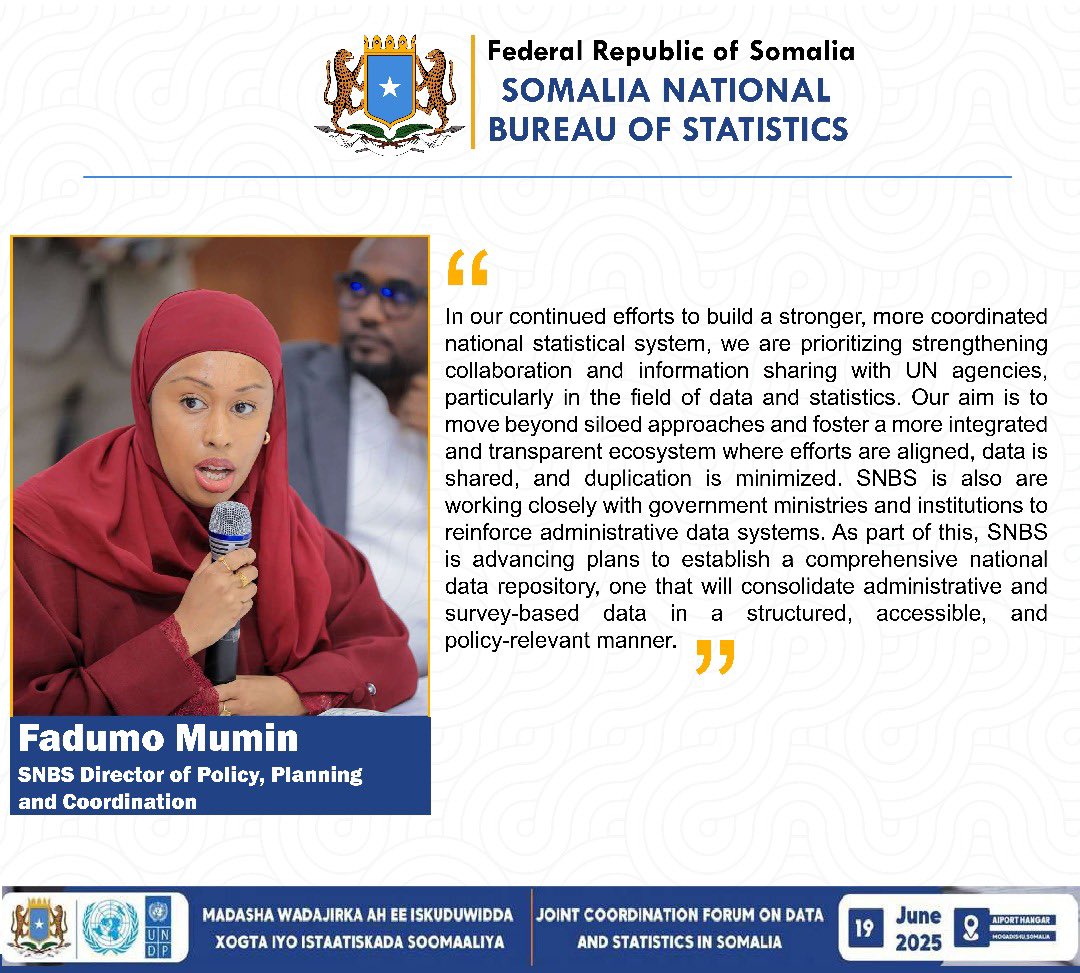 Somalia National Bureau of Statistics (@nbs_somalia) on Twitter photo Here are more highlights from key voices at the recently concluded Joint Coordination Forum on Data & Statistics in Somalia — a gathering that brought together a broad spectrum of stakeholders from Federal & FMS ministries, development partners, UN agencies, civil society & the Here are more highlights from key voices at the recently concluded Joint Coordination Forum on Data & Statistics in Somalia — a gathering that brought together a broad spectrum of stakeholders from Federal & FMS ministries, development partners, UN agencies, civil society & the
