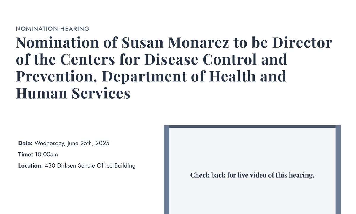 EIDGeek's tweet image. Way overdue: June 25, 10 am EDT
Senate HELP committee to interview Susan Monarez, candidate for CDC director.
CDC has been director-less (and acting director-less) for a long time.
help.senate.gov/hearings/nomin…