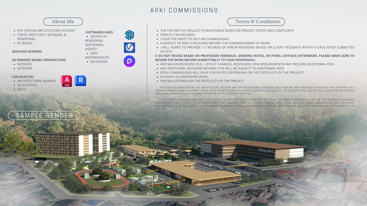 Jyu_1006's tweet photo. Updated Comms Sheet 🌷
⋆⭒˚.⋆ Open / Accepting Arki Commissions! 𐙚⋆°🦢.⋆ᥫ᭡
♡ 5th year Arki Student 
♡ services/ terms &amp; sample works below

# lf clients commissioner arki comms plates commission commstwt sketch up 3d render revit autocad 

dm to inquire! 💌 https://t.co/hIqwPVQoas