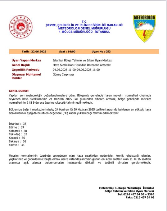 Sakarya’da Yüksek Sıcaklık Uyarısı