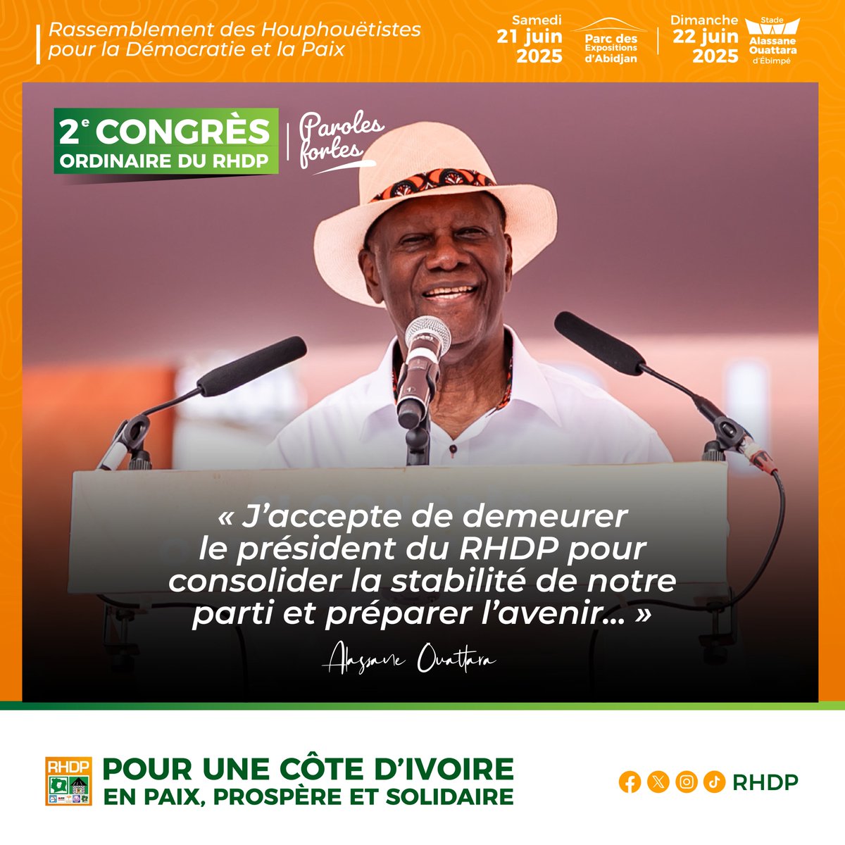 rhdp_officiel (@rhdpo) on Twitter photo Message fort du Président <a href="/AOuattara_PRCI/">Alassane Ouattara</a> . Il accepte de demeurer à la tête du RHDP pour continuer le travail de consolidation et préparer l'avenir de notre grand parti. La marche en avant se poursuit. #RHDP #CongresRHDP2025 #CIV Message fort du Président <a href="/AOuattara_PRCI/">Alassane Ouattara</a> . Il accepte de demeurer à la tête du RHDP pour continuer le travail de consolidation et préparer l'avenir de notre grand parti. La marche en avant se poursuit. #RHDP #CongresRHDP2025 #CIV