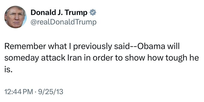 ActualidadRT's tweet photo. ⌨️🇺🇸Usuarios publican viejos tuits de Trump

"Recuerden lo que dije anteriormente: Obama atacará algún día a Irán para demostrar lo duro que es", escribió el mandatario en sus redes sociales en 2013. https://t.co/2Q3ecSpDvh