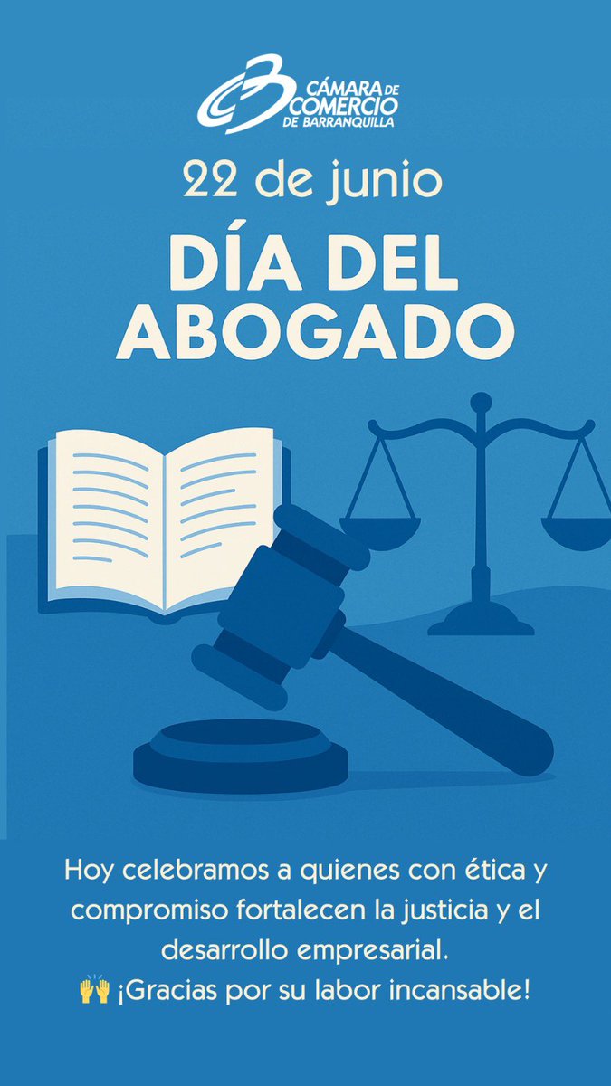 Hoy 2️⃣2️⃣ de junio celebramos a quienes dedican su vida a la defensa de la justicia, los derechos y el orden jurídico ⚖️📚 
¡Feliz Día del Abogado! 

✨Desde la <a href="/Camarabaq/">Cámara Comercio BAQ</a> reconocemos su valioso aporte al desarrollo empresarial y al fortalecimiento del tejido institucional del
