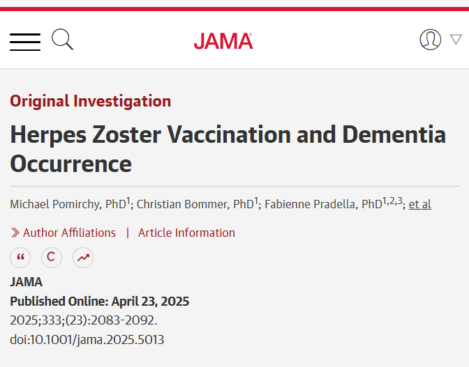 Herpes zoster vaccination eligibility reduced the probability of new dementia diagnoses, suggesting its potential preventive effect.

 ja.ma/3HRcYyC