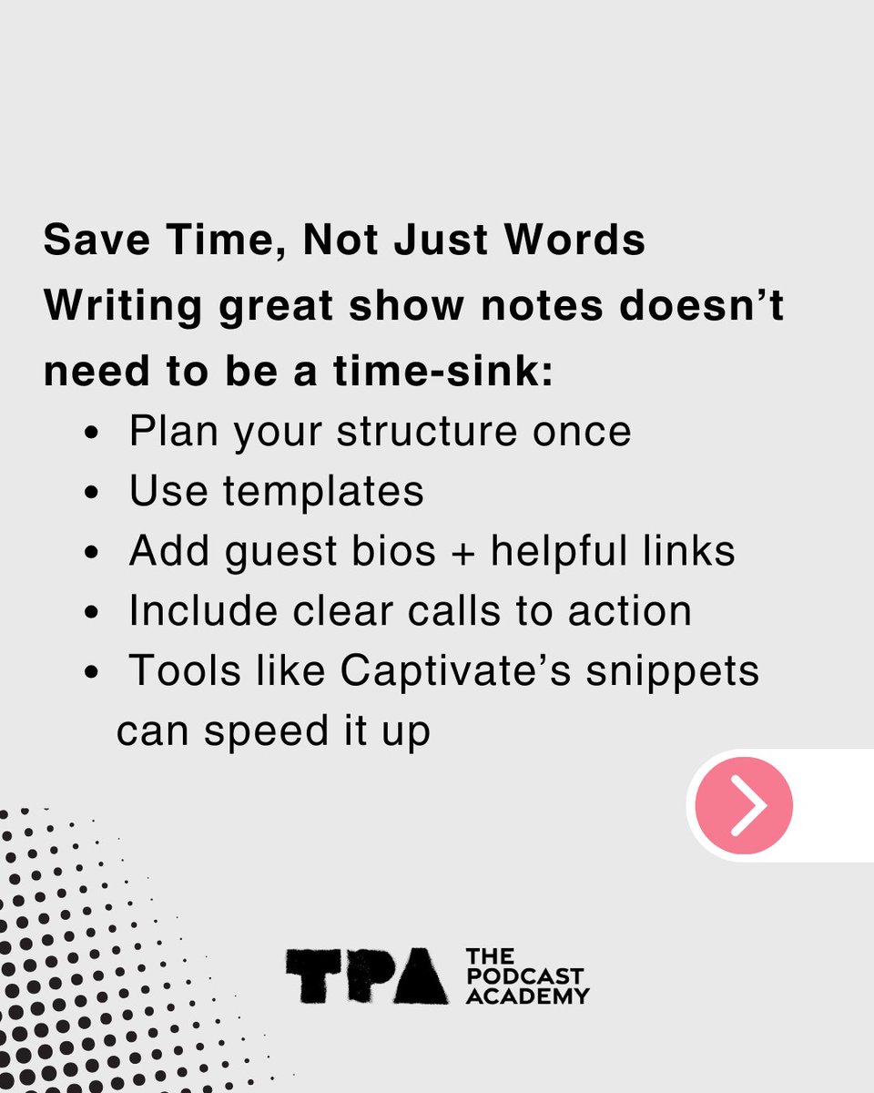 podcastacademy's tweet image. Editing. Uploading. Publishing. Marketing.
You’re juggling a lot—and we get it.
But one key piece often gets skipped: your show notes.
And trust us... you don’t want to leave them out.
#thepodcastacademy #podcasting #podcastnetworking #podcastinglife #podcastsuccess