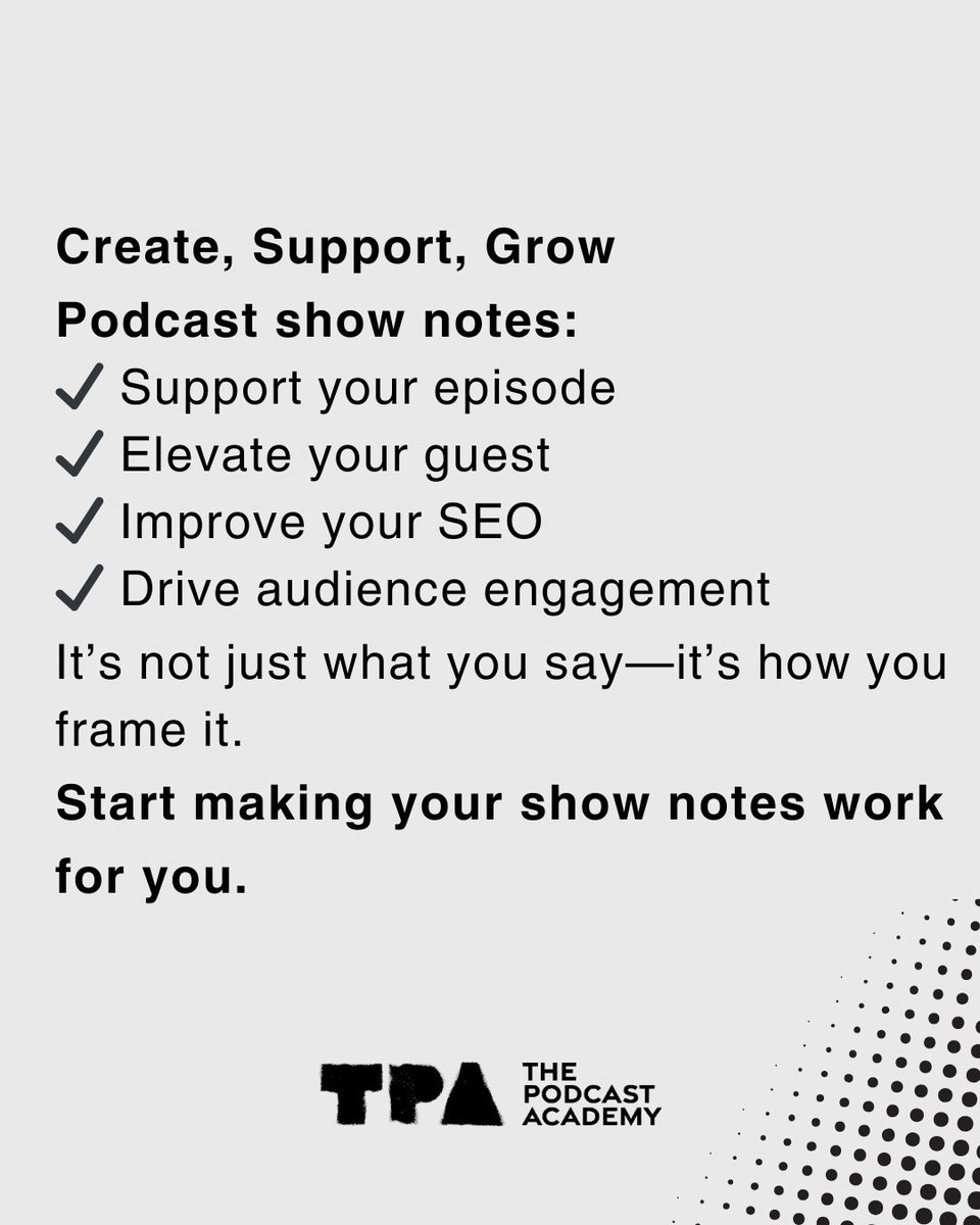 podcastacademy's tweet image. Editing. Uploading. Publishing. Marketing.
You’re juggling a lot—and we get it.
But one key piece often gets skipped: your show notes.
And trust us... you don’t want to leave them out.
#thepodcastacademy #podcasting #podcastnetworking #podcastinglife #podcastsuccess