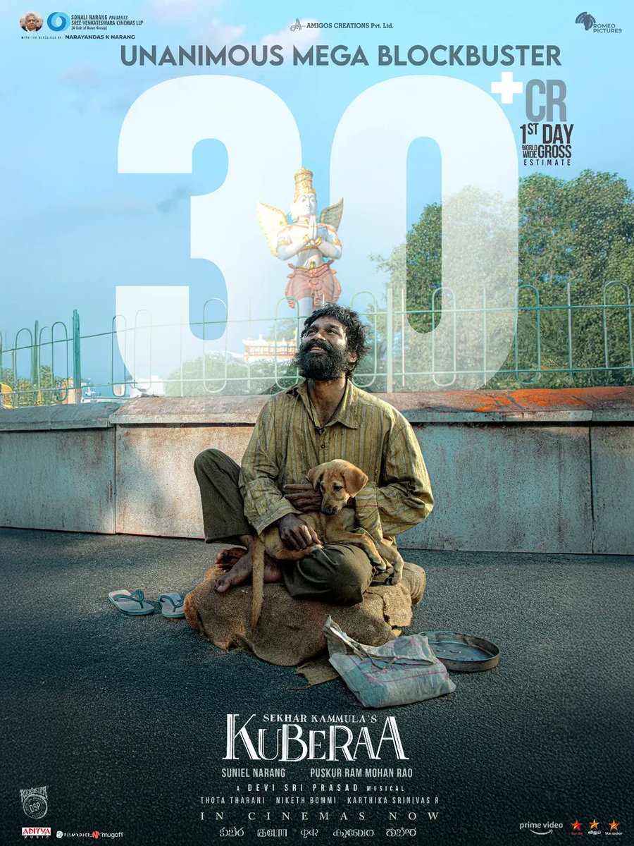 30 CR+ &amp; still counting! 🔥
An unanimous mega blockbuster — Kuberaa has struck gold at the box office and in our hearts 💛

A powerful story, a brilliant performance, and visuals that stay with you long after the credits roll.
Don’t miss this cinematic experience.

#Kuberaa now