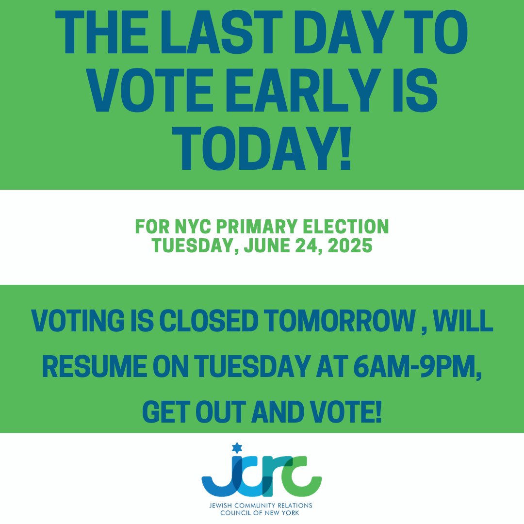🗳️ NYC: LAST day to vote early!
❌ No voting tomorrow (Mon 6/23)
🗓️ Election Day: Tues 6/24, polls open 6 AM–9 PM

📍 Poll site: findmypollsite.vote.nyc
🎯 Ranked choice: vote.nyc/page/ranked-ch…
👀 Candidates: tinyurl.com/mayor2025nyc
#NYCVotes #Vote2025