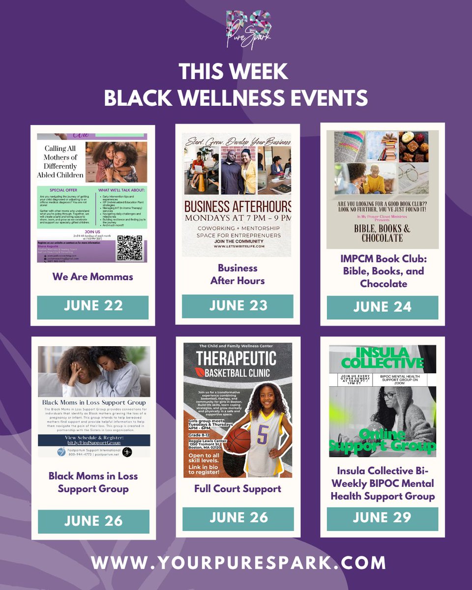 Check out these Black-centered impactful PureSpark events this week! 🌟 #PureSpark #MentalWellness #CommunitySupport #BlackMentalHealth #HealingJourney #ThisWeekInWellness