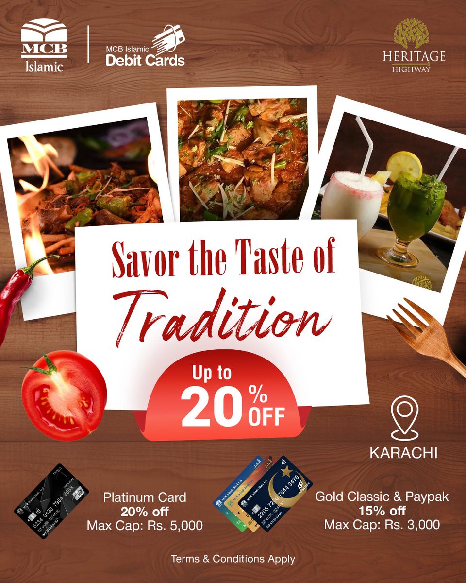 Dive into the authentic taste of tradition at Heritage, Karachi with discount on your MCB Islamic Debit Card.

✤ Open your account: bit.ly/Open-your-Acco…

#MCBIslamicBank #Heritage #ExclusiveDiscounts #BaBarkatBankariHamariZimadari