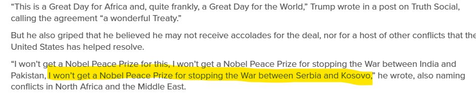 Trump plače što neće dobit Nobela zato što je zaustavio rat između Srbije i Kosova.