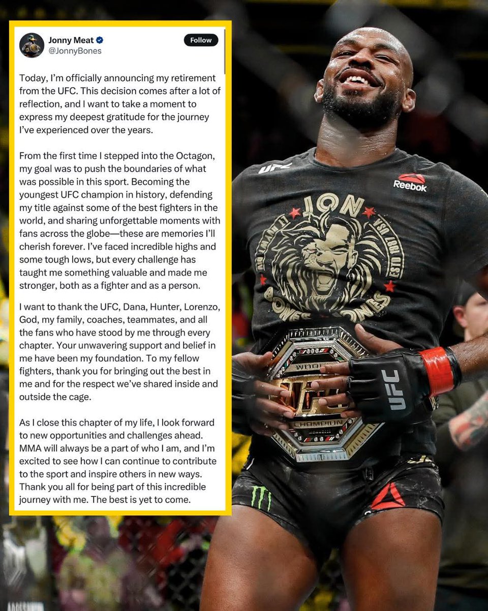 AtifSayyed1's tweet photo. @JonnyBones 

"End of an era. You were not just a fighter—you were a force. From youngest champ to heavyweight king, your legacy is etched in MMA history . Thankyou for the journey 
#GOAT𓃵 #Pvp1 #ufcchamp https://t.co/a7vQSd8USm