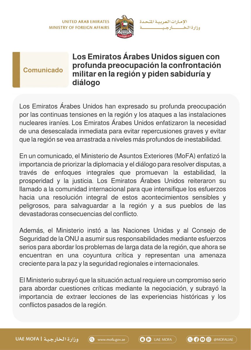 Los EAU siguen con preocupación la escalada de la confrontación militar en la región y hacen un llamamiento a la sabiduría y al diálogo.