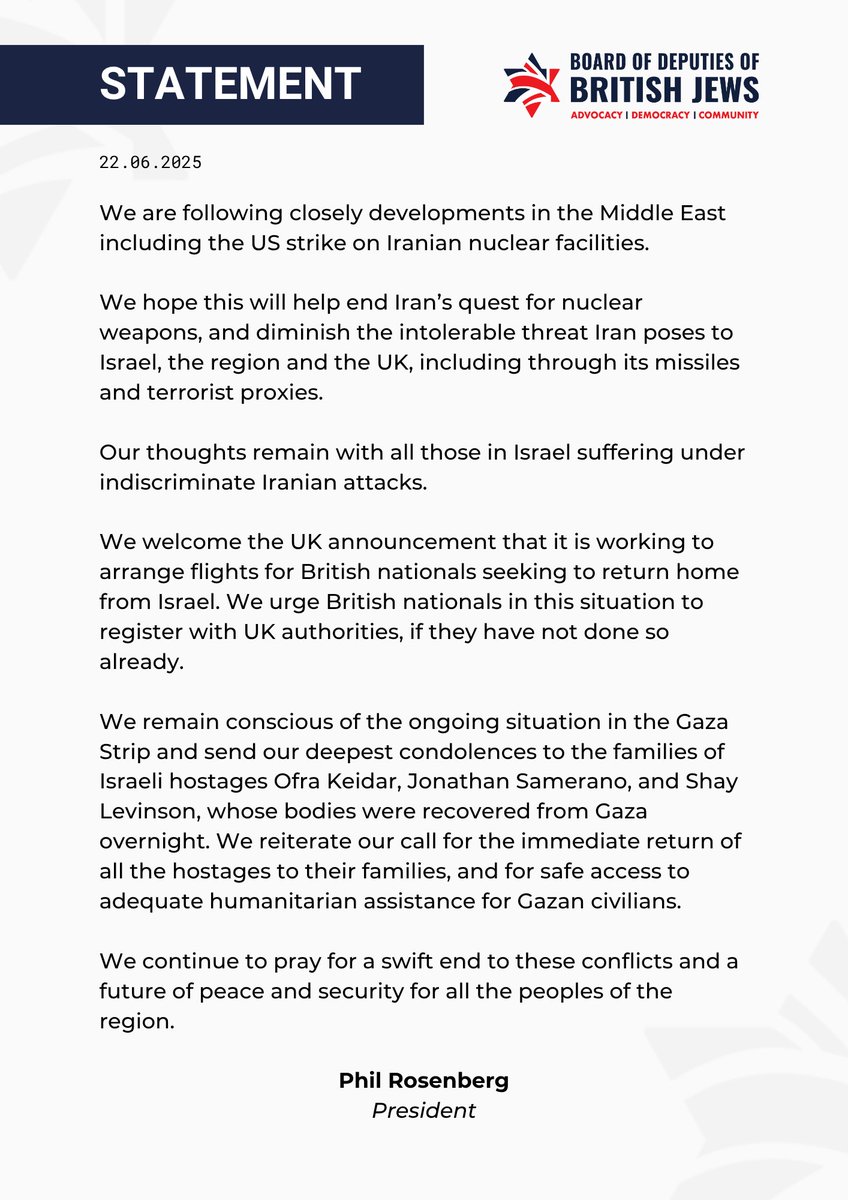 We are following closely developments in the Middle East  including the US strike on Iranian nuclear facilities. 

Our full statement: