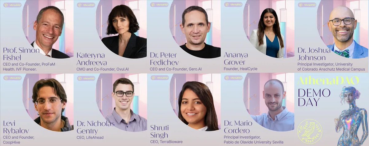 AthenaDAO 🧬🪩 (@athena_dao_) on Twitter photo 📣 Role Call!
Check out the line-up and program of <a href="/athena_DAO_/">AthenaDAO 🧬🪩</a>’s Demo Day in our latest newsletter! 🧬🪩👇
Featuring:
Dr. Simon Fishel <a href="/simonfishel_ivf/">Simon Fishel</a>: Founder & CEO, ProFaM. Conducted the first ever IVF treatment.
Dr. Peter Fedichev <a href="/fedichev/">Peter Fedichev</a>: Co-Founder & CEO, 📣 Role Call!
Check out the line-up and program of <a href="/athena_DAO_/">AthenaDAO 🧬🪩</a>’s Demo Day in our latest newsletter! 🧬🪩👇
Featuring:
Dr. Simon Fishel <a href="/simonfishel_ivf/">Simon Fishel</a>: Founder & CEO, ProFaM. Conducted the first ever IVF treatment.
Dr. Peter Fedichev <a href="/fedichev/">Peter Fedichev</a>: Co-Founder & CEO,