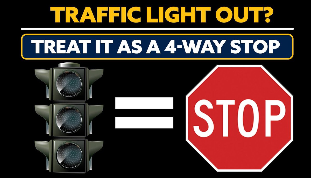 We’re aware of a current power outage affecting parts of the city. As a result, some traffic lights are not working properly.

Remember: If a traffic signal is out, treat it as a stop sign.
✅ Come to a complete stop
✅ Check all directions
✅ Proceed with caution