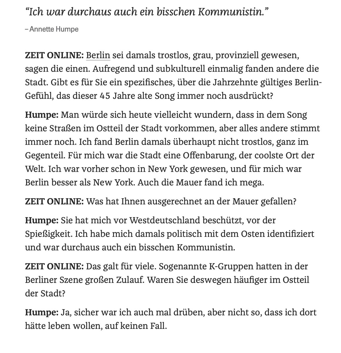 boris_beissner's tweet photo. 🤡😃 „Ein bisschen Kommunistin, aber bloß nicht drüben leben wollen – Annette Humpe liefert das perfekte ‚Wasch mich, aber mach mich nicht nass‘-Zitat zur West-Berliner Künstlerpose der 80er.“
#DDR #Berlin #OstWest #AnnetteHumpe #ZeitInterview https://t.co/w8ksoXDR7a